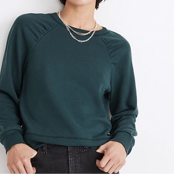 MADEWELL TEAL GREEN GATHERED PUFF SLEEVE PULLOVER SWEATSHIRT WOMENS SZ SMALL - Picture 1 of 11